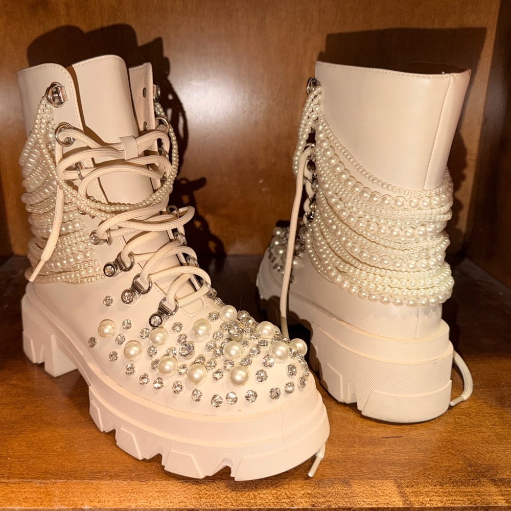 Elegant Pearl-Embellished Cream Boots